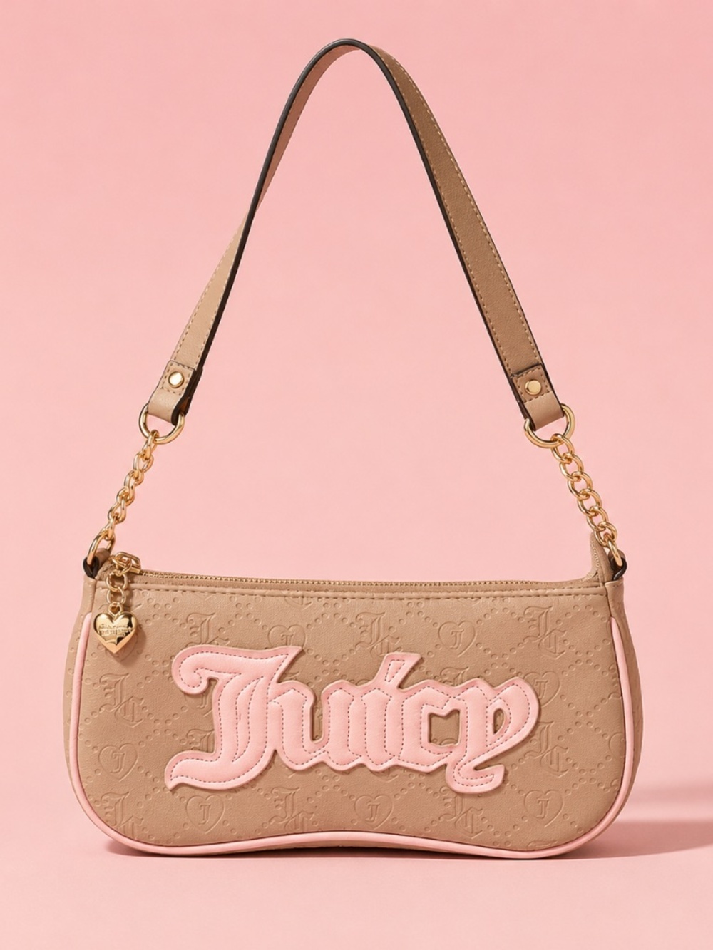 Juicy Couture Y2K Tan Embossed Shoulder Bag Pink Logo Baguette Purse